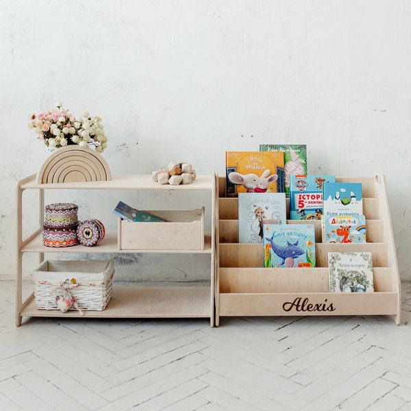 Set di 2 ripiani: piccolo contenitore per giocattoli + grande libreria Montessori, libreria per bambini, mensola per giocattoli Montessori, mobili Montessori, mensola Montessori