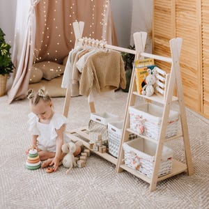 Kids Wooden Wardrobe and Shelf Set, Wooden Clothing Rack, Montessori Toy Shelf, Storage Organization, Montessori Furniture, Toy Shelf