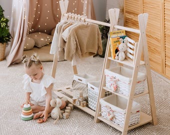 Houten kinderkledingkast en plankset, houten kledingrek, montessorispeelgoedplank, opbergorganisatie, montessorimeubels, speelgoedplank