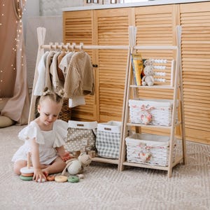 Kids Wooden Wardrobe and Shelf Set, Wooden Clothing Rack, Montessori ...