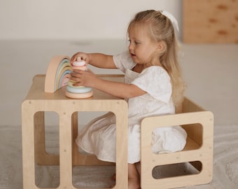 Montessori Cube Chair and Table Set – Wooden Kids Table – Montessori Furniture – Toddler Activity Desk for Playroom and Nursery