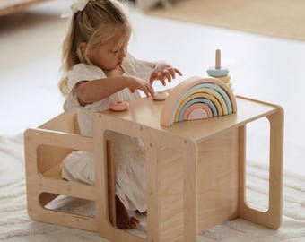 Bord och stolsset för småbarn – Träkubmöbler – Montessorimöbler – Aktivitetsbord för barn – Möbler för lekrum och barnrum