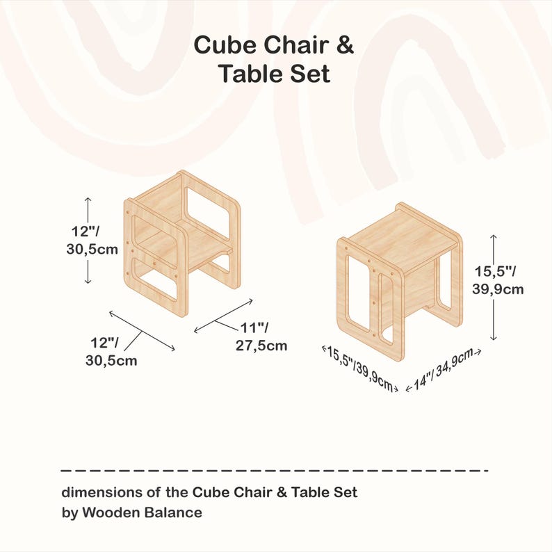 May include: A wooden cube chair and table set. The chair is 12 inches (30.5 cm) tall and wide, and 11 inches (27.5 cm) deep. The table is 15.5 inches (39.9 cm) tall and 14 inches (34.9 cm) wide. The text reads "Cube Chair & Table Set".