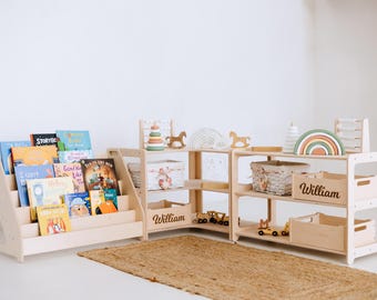 Montessori Shelf Set of 3 – Toy Storage, Corner Shelf and Kids Bookshelf – Wooden Nursery Shelves for Playroom Organization and Book Display