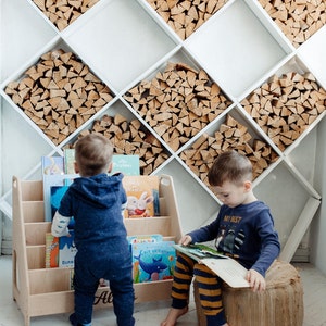 Pu&ograve; includere: Due bambini stanno leggendo libri. Un bambino &egrave; in piedi accanto a una libreria di legno piena di libri per bambini colorati. L'altro bambino &egrave; seduto su un cuscino intrecciato e sta leggendo un libro. La libreria ha il nome "Alex" scritto su di essa.