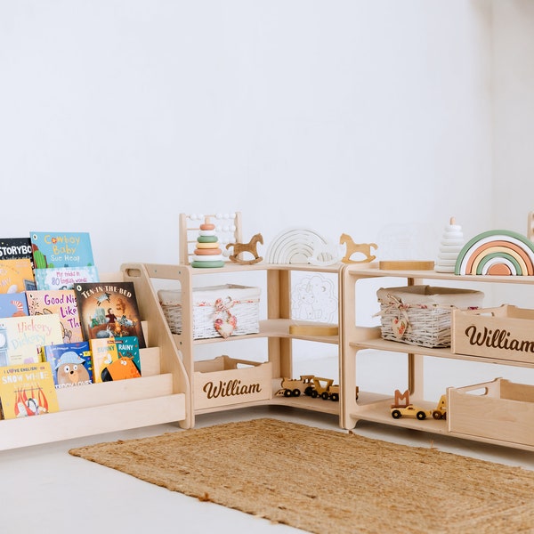 Estantería Montessori + Estantería para juguetes pequeña + Estantería esquinera para juguetes, Estantería de madera, Librería infantil, Almacenamiento de juguetes, Muebles infantiles, Estantería Montessori