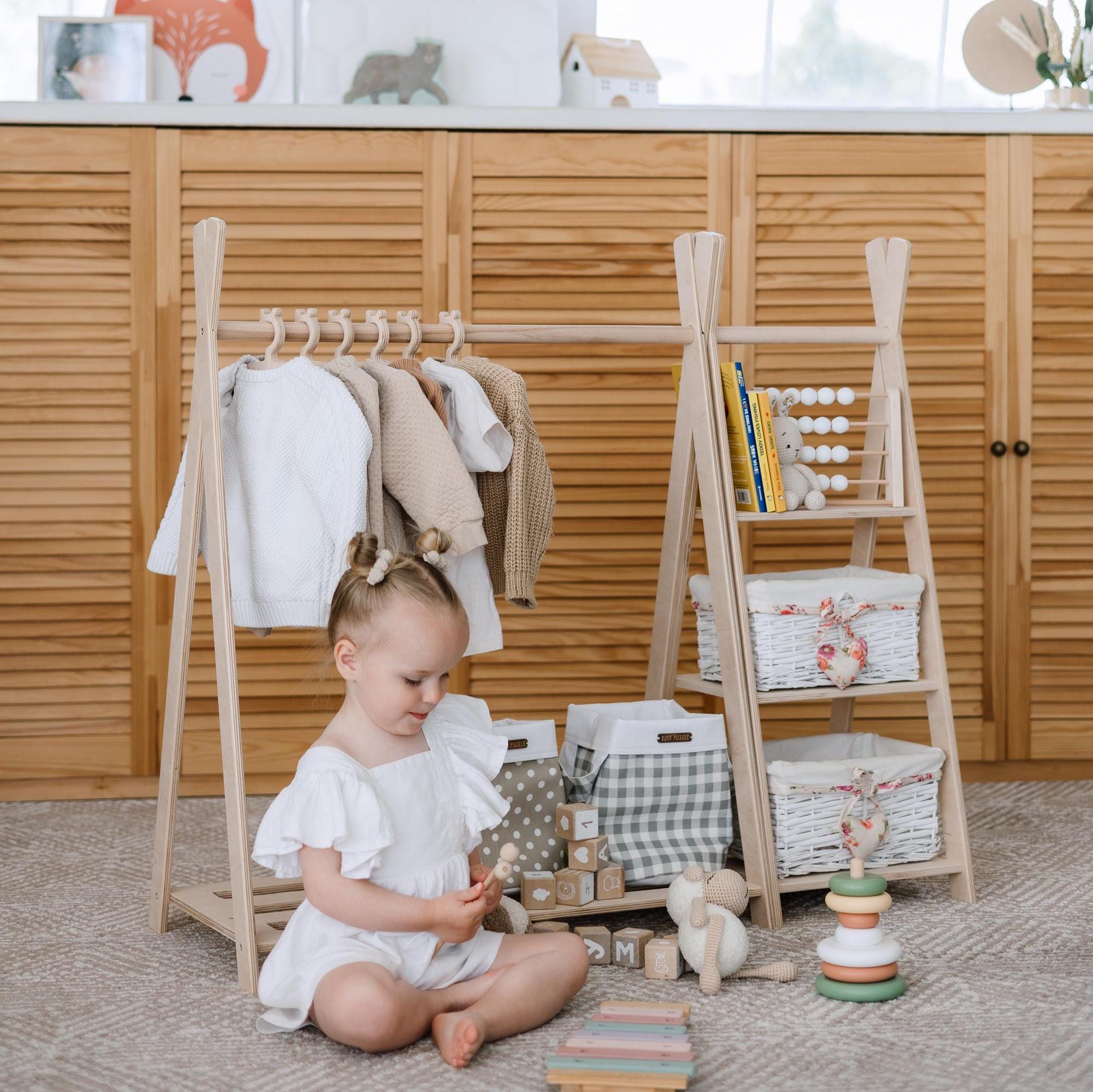 Mellow Racks Children Kids Clothing Rack With Shelves and Hangers, Wooden Wardrobe, Teepees ...