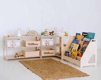 Montessori Shelf Set of 3 – Toy Storage, Kids Bookshelf and Corner Shelf – Wooden Nursery Shelves for Playroom Organization and Book Display