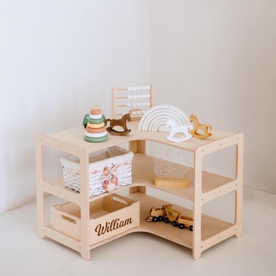 Spielzeugaufbewahrung, Montessori Eckregal, Eckspielzeugregal, Montessori- Spielregal, gebogenes Regal, Montessori-Möbel, Eckmöbel