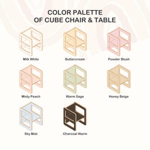 May include: Color palette of cube chairs and tables in eight different colors: milk white, buttercream, powder blush, misty peach, warm sage, honey beige, sky mist, and charcoal warm. The text "COLOR PALETTE OF CUBE CHAIR & TABLE" is at the top.