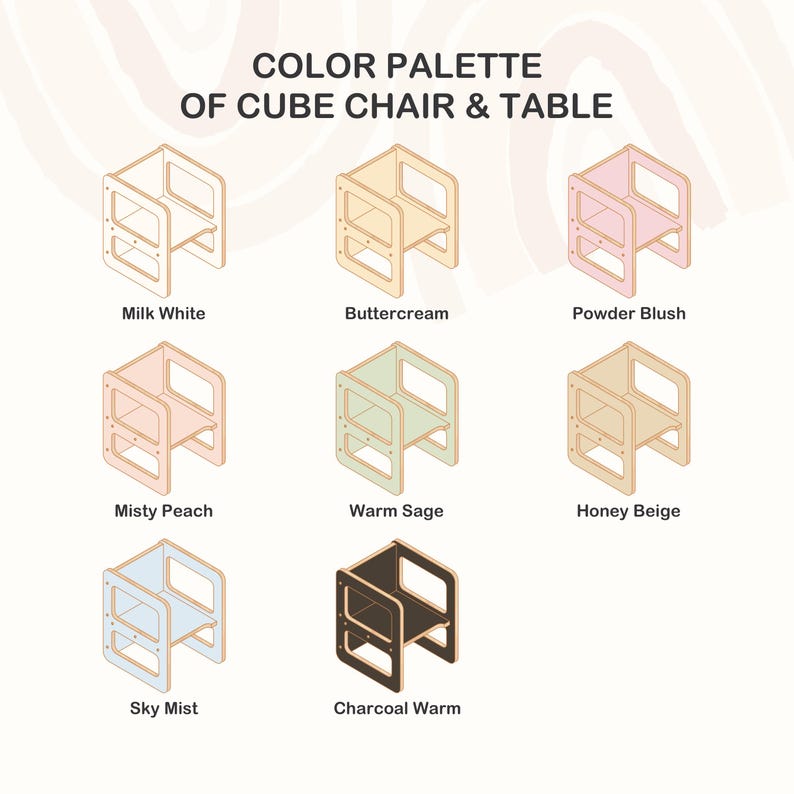 May include: Color palette of cube chairs and tables in eight different colors: milk white, buttercream, powder blush, misty peach, warm sage, honey beige, sky mist, and charcoal warm. The text "COLOR PALETTE OF CUBE CHAIR & TABLE" is at the top.