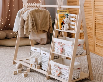 Kids Teepee Shelf Set: Clothing Wardrobe + Toy Storage Shelves, Montessori Shelf, Clothing Rack With Shelves, Montessori Furniture