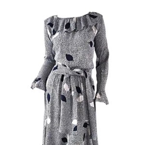 LOT_21 Original vintage YSL Yves Saint Laurent Rive Gauche Paris 70s 80s silk crepe dress ruffled collar black and white leaf pattern