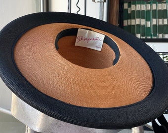 LOT_34 ELSA SCHIAPARELLI Couture Vintage panama Original 1950s Raffia Straw Sun Hat Two Tone Velvet Trim museum quality rare model