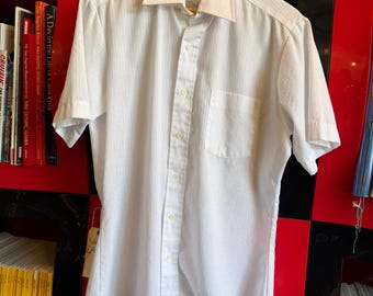 Vintage mens button up shirt 1970s Sears Perma Press white lightweight short sleeve shirt deadstock 14 1/2"