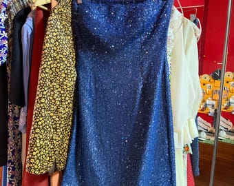 90s y2k SILK sequin blue strapless dress L Interlude California vintage CUPS