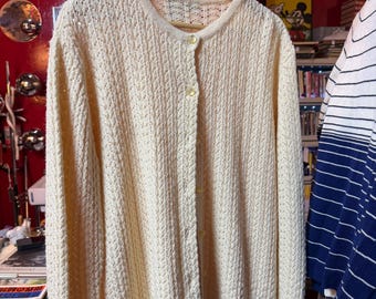 60s crochet pearl sweater L XL hand knitted cream wool vintage