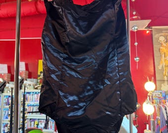 60s/70s Advance Theatrical Company Chicago Leo's dancewear vintage  Dancing Halter Leotard Satin Black Deadstock onesie tube top waist 29