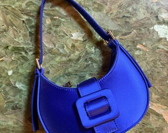 Satin Bag half moon long strap blue