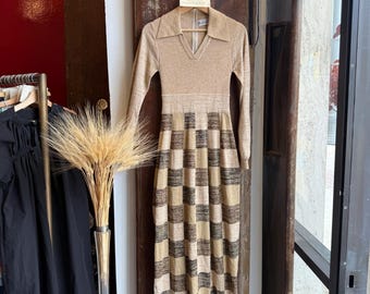 LOT Vintage 70s 1970s Metallic Knit Lurex Sweater Dress “Sample” Vintage Long Sleeve Chevron Checkboard Espresso Maxi Studio 54