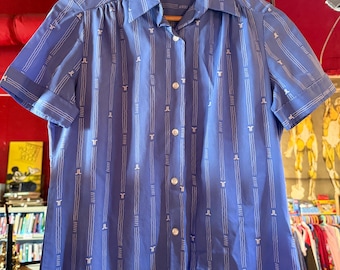 1970s vintage LANVIN logo button up short sleeve blue white collared blouse shirt S/M