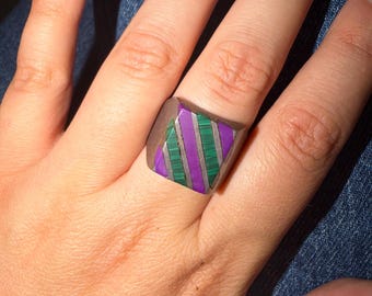 TAXCO 925 Mexican Silver Ring Signet Malachite Charoite Green Purple Stripes Mexico