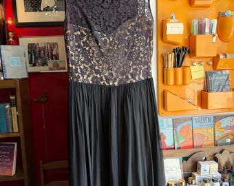 GAY GIBSON Vintage 1950s 1960s Black lace wiggle cocktail dress viva Vegas 26 waist litte black illusion neckline
