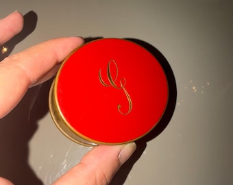 vintage 40s compact powder mirror enameled red monogram G brass