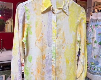 70s vintage button up blouse marbled watercolor rainbow floral gauze cotton S