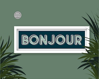 Bonjour Print, Hallway Prints, Bonjour Print Framed, Panoramic Framed Print, Bonjour Typography Print, Hallway Slogan Prints