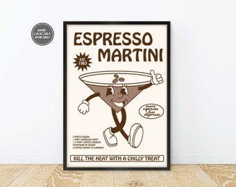 Retro Cartoon Cocktail Print, Retro Cocktail Print, Retro Espresso Martini Print, Retro Espresso Martini Poster, More Espresso Less Depresso