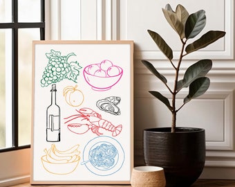 Italian Kitchen Wall Art, Food Illustration Prints, Wall Art Kitchen, Line Drawing Wall Art Kitchen, Food Sketches Poster Kitchen, Food Art