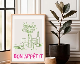 Bon Appetit Poster, Line Art Bon Appetit Prints, French Slogan Kitchen Prints, Food and Wine Line Drawings, Sketchy Style Kitchen Wall Decor