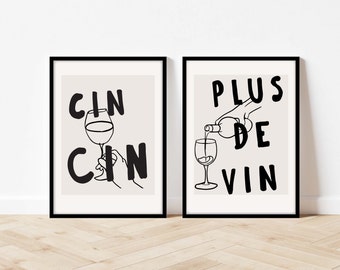 Plus De Vin and Cin Cin Poster Set, French Typography Kitchen Print Sets, Italian Typography Kitchen Print Sets, Wine Themed Wall Art