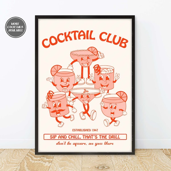 Retro Character Cocktail Prints, Retro Cocktails Print, Retro Cocktail Club Poster, Cartoon Cocktail Prints, Retro Cartoon Cocktails