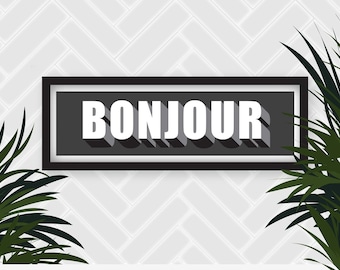 Bonjour Framed Print, Hallway Print Bonjour, Framed Bonjour Print, Panoramic Framed Print, Bonjour Typography Print, Hallway Slogan Prints