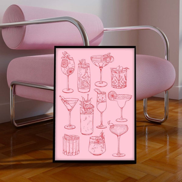 Pink Cocktail Prints, Cocktail Illustration Prints Pink, Pink Cocktail Illustration Poster, Wall Decor Cocktails, Cocktail Line Drawings
