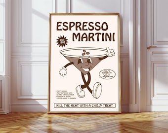 Retro tecknad cocktailtryck, Retro cocktailtryck, Retro Espresso Martini-tryck, Espresso Martini-recept, Mer Espresso Mindre Espresso