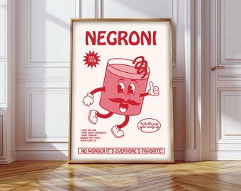 Peut inclure: Une affiche illustrée rouge et blanche avec le texte "NEGRONI est. 1919" et une illustration de dessin animé d'un verre à cocktail rouge avec une moustache et un pouce en l'air. Le texte "lade the joy after every sip" et "NO WONDER IT'S EVERYONE'S FAVORITE!" sont également inclus sur l'affiche.