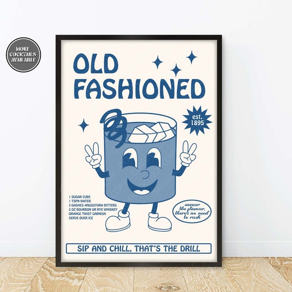 Retro Cartoon Cocktail Prints, Retro Cocktails Print, Retro Cartoon Old Fashioned Print, Old Fashioned Cocktail Retro Poster