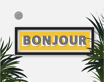 Bonjour Framed Print, Hallway Print Bonjour, Framed Bonjour Print, Panoramic Framed Print, Bonjour Typography Print, Hallway Slogan Prints