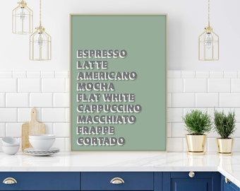 Kaffelista-tryck, kaffeslogan-affisch, typografisk väggkonst kök, snygga kökstryck, kaffetypografisk väggdekor, kaffetryck