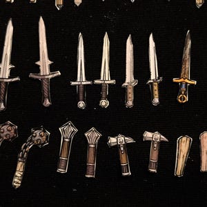 May include: An assortment of hand-drawn fantasy weapons, including swords, daggers, maces, and hammers. The blades and handles vary in design, with a mix of silver, brown, and gold accents. The weapons are arranged on a black background.