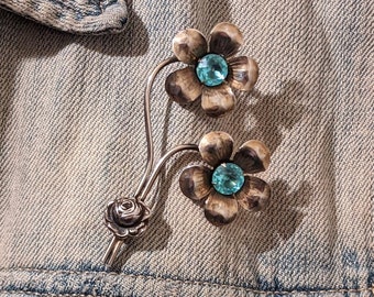 Vintage '50's Sterling Flower Brooch with Bright Blue Paste Gem Centers