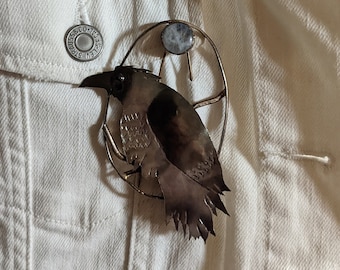 Handmade Large Sterling Silver Raven Brooch with Moonstone