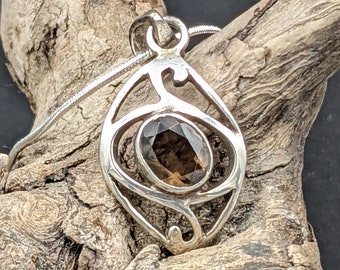 Smoky Topaz set in Swirling Sterling Silver Pendant, on Sterling Chain