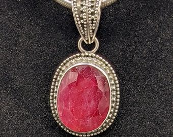Beautiful Massive Natural Ruby Oval in Handmade Granulated Sterling Silver pendant, on Heavy Vintage Sterling Silver Snake Chain
