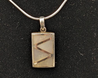 Handmade Double-sided Pink & White Inlaid Mother of Pearl Rectangular Pendant in Sterling, on Sterling Chain