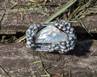 Very Large Tennessee Baroque Pearl In Sterling "Caviar" Setting. Beautiful Statement Ring!