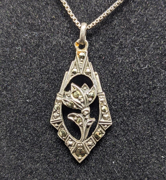 Sterling & Marcasite Floral Pendant - image 1